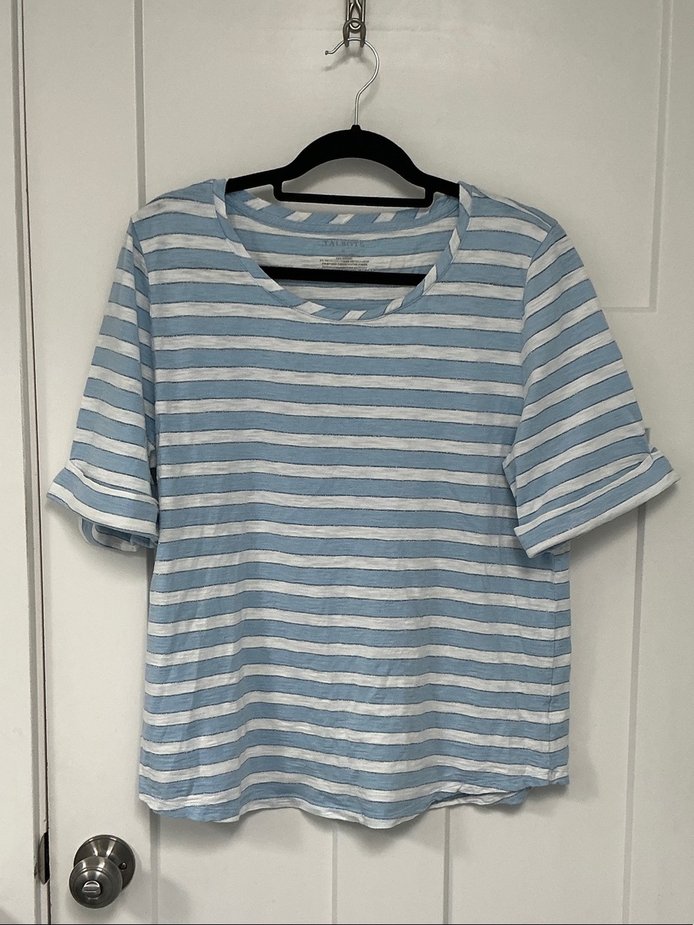 Talbots Light Blue & White with Silver Striped Short Sleeve Tee